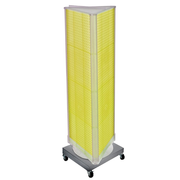 Three-Sided Revolving Pegboard Tower Floor Display on Wheeled Metal Base. Spinner Rack Stand.